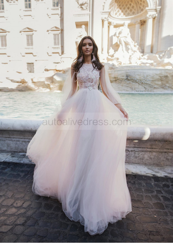 Beaded Illusion Bodice Ivory Lace Tulle Boho Wedding Dress